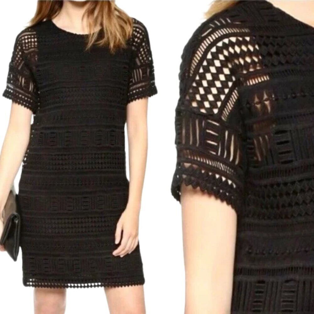 Vince Short Sleeve Crochet Lace Overlay Mini Shift Dress Womens 6 Black Designer